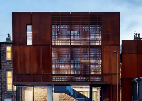Moxon Architects adds perforated weathering steel extension to Aberdeenshire Council HQ