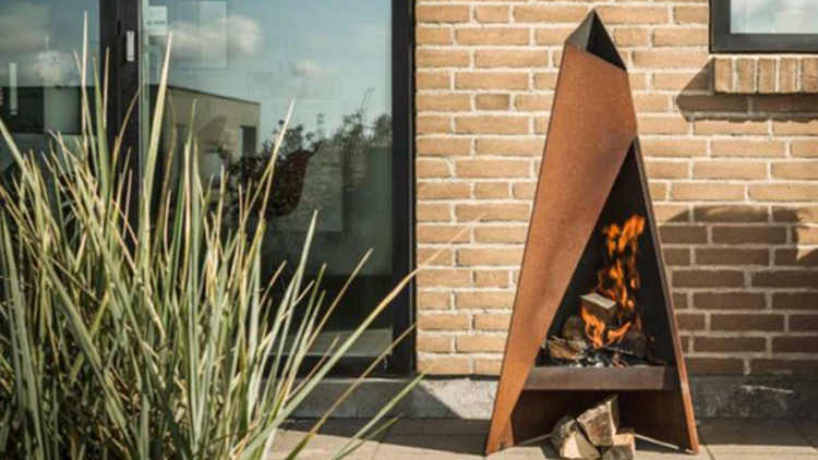Corten steel double-sided wood-burning fireplace